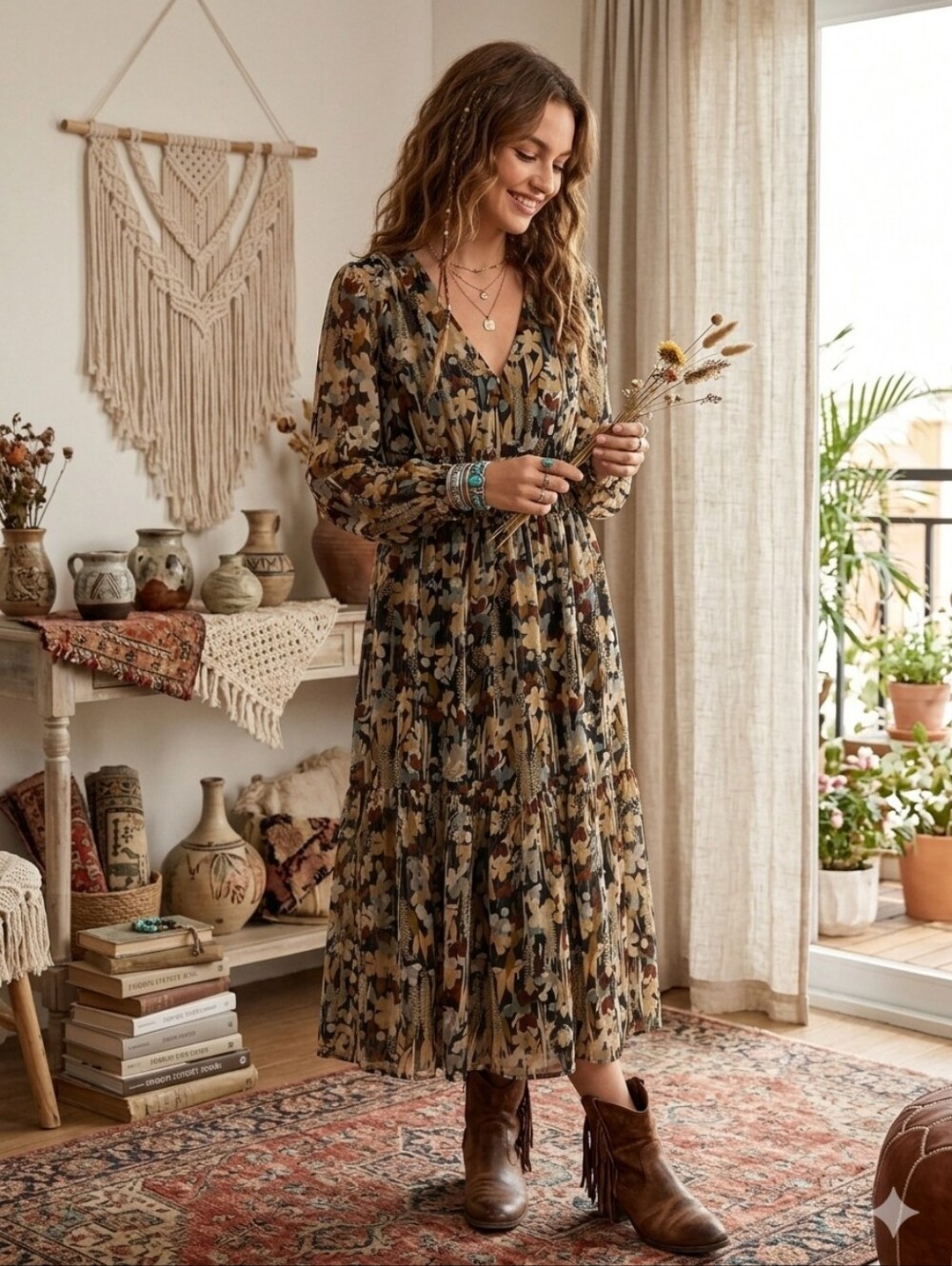 Kaktus Floral Tiered Long-Sleeve Midi Dress in Black, Cream, Olive, and Brown